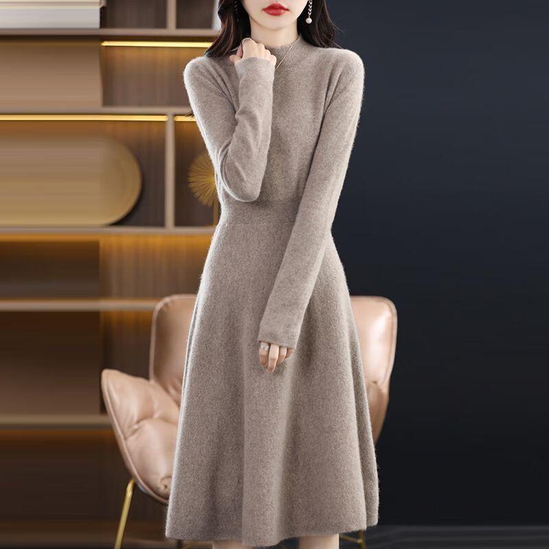 

Платье-свитер длиной до колена, женское, с полувысоким воротником, вязаное, длинное, приталенное, средней длины, вязаный свитер для осени и зимы 2XL хаки