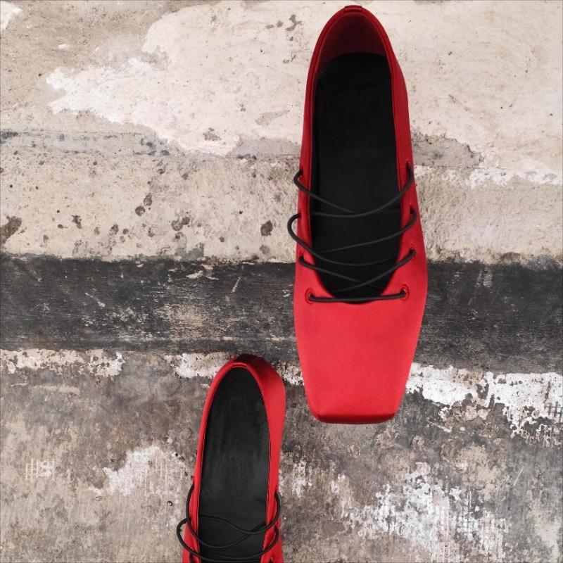 Fashion 2025 Summer Retro Satin Square Toe Lace-up Ballet Casual Outwear Flat Heel Women's Singles