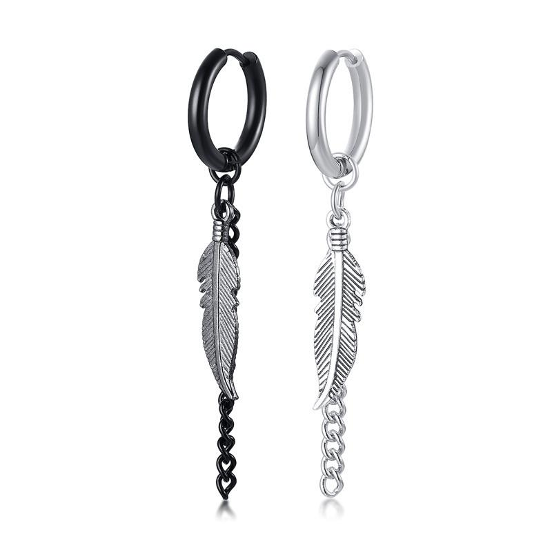 Vnox 1 Piece/Pair Feather Leaf Dangle Earrings for Women Men Jewelry,Stainless Steel Link Chain Drop Punk Ear Clip Accessory