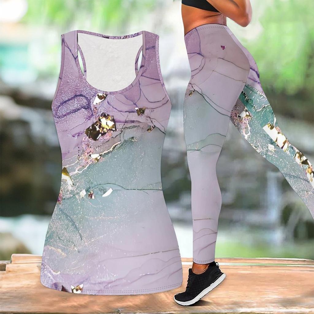 Marble Veining Printed Yoga Outfit for Women Fashion Workout Leggings Fitness Sports Casual Yoga Set Sports Suit