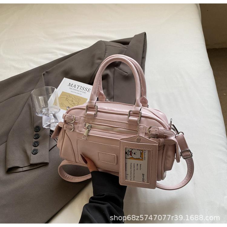 Premium Oil Wax Leather Small Bag Women's Fashion Commuter Briefcase Bowling Bag Spring Pink Shoulder Armpit Bag