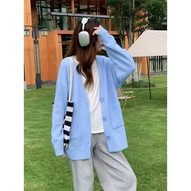 Lazy Wind Loose V-neck Knitted Cardigan Autumn and Winter Solid Color Versatile Cardigan Age-reducing Soft Sweater Jacket Women