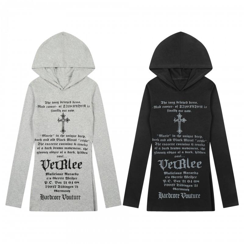 Womens Gothic Hooded Long T-Shirt Dark Punk Cross Print Slim Fit Casual Streetwear