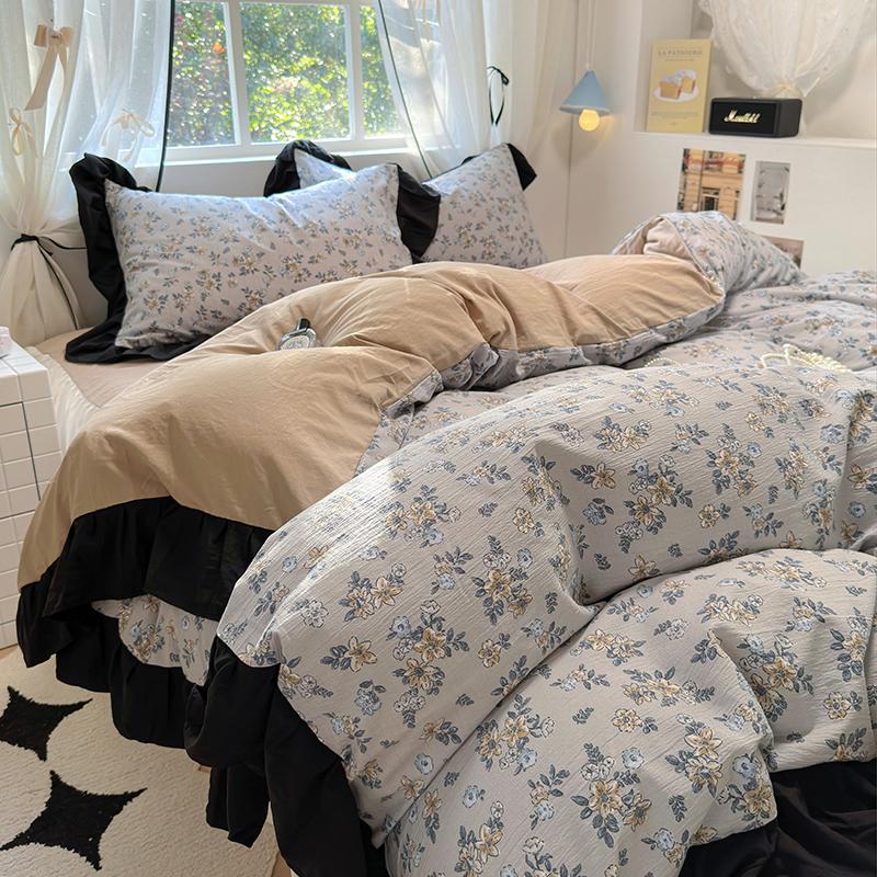 Ins Style French Romance Rose Flowers Bedding Set Washed Cotton 4pcs Bed Sheet Set Duvet Cover Set For Girl Bedding Decor Home