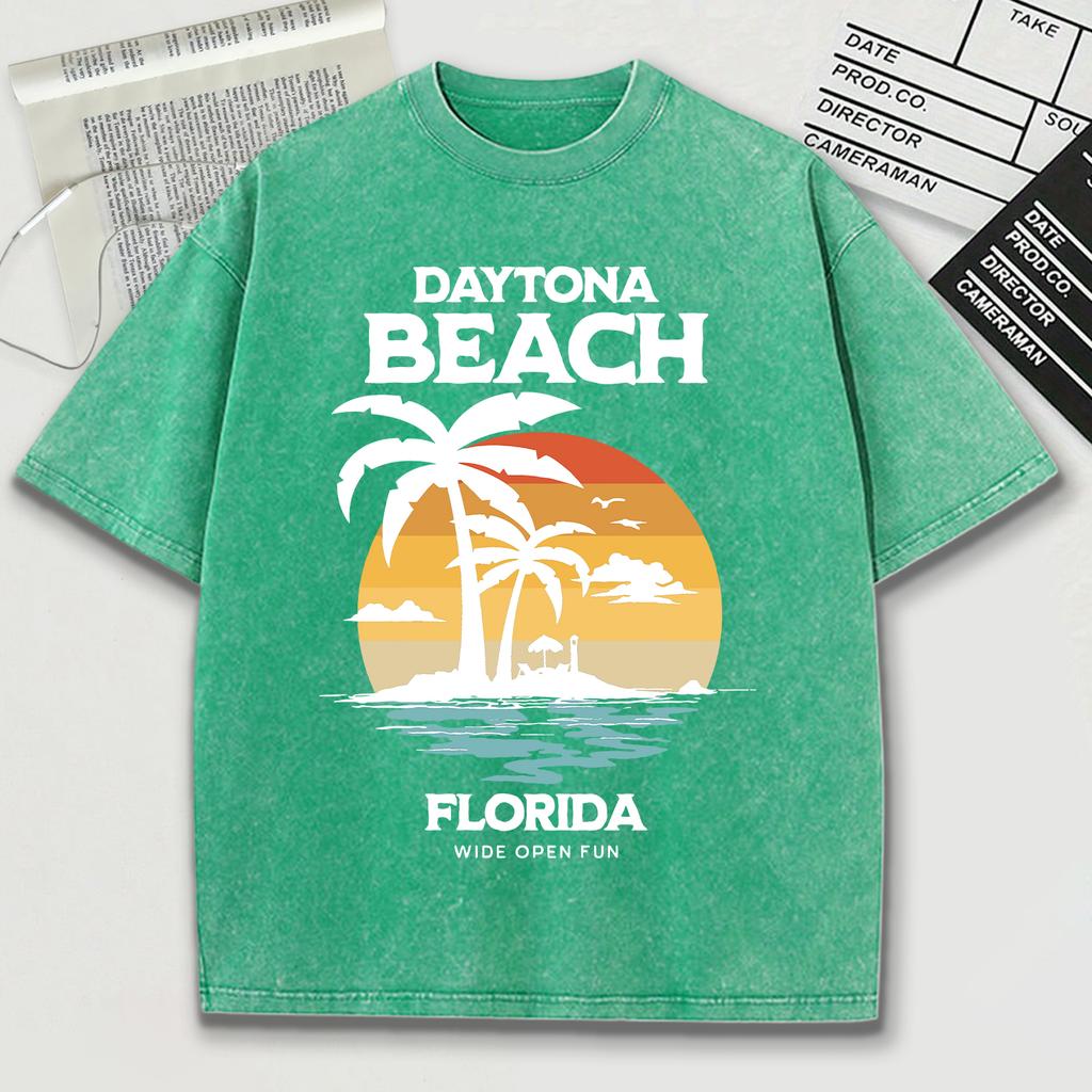Daytona Beach Florida Wide Open Fun Print Snow Wash Mens T-Shirt O-Neck Tee Soft Cotton Top Trendy Unisex Short Sleeve
