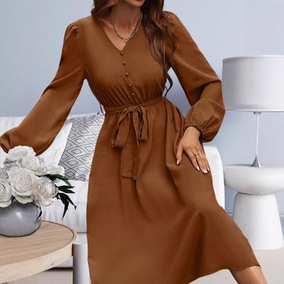 New Women's Clothing 2025 Spring Solid Color V-neck Lantern Sleeve Lace-up Waist Dress