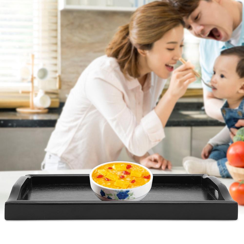 Tragbare binaurale Rechteckform Massivholz Tee Kaffee Snack Lebensmittel Serviertablett Platte (Schwarz)