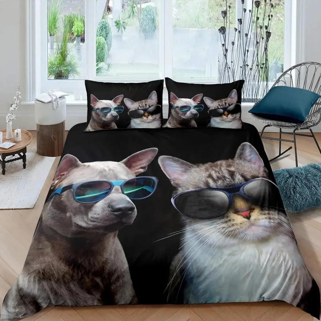Katzen- und Hunde-Bettbezug-Set Mops Bettwäsche-Set Kawaii Welpe Tier Bettdeckenbezug Valentinstag Liebesherz Hochzeit Steppdeckenbezug