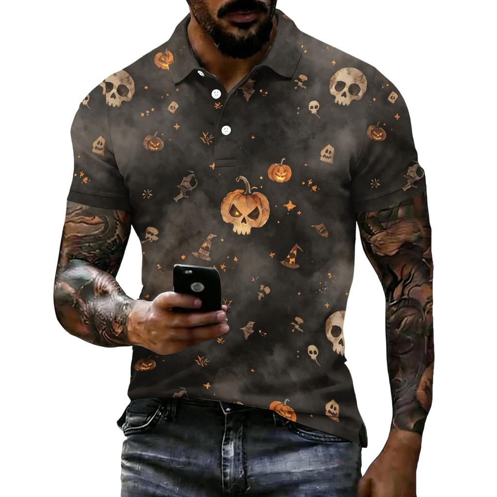 Men's Halloween Print Short Sleeve Polo Shirt Loose Fit Casual Summer Daily Top Button Down Collar
