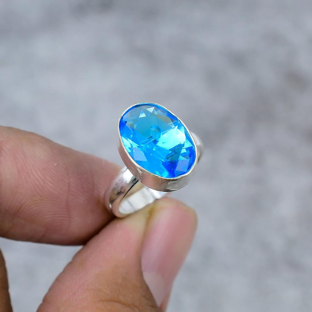Blue Topaz Gemstone Handmade 925 Sterling Silver Jewelry Ring Size 10 M-266