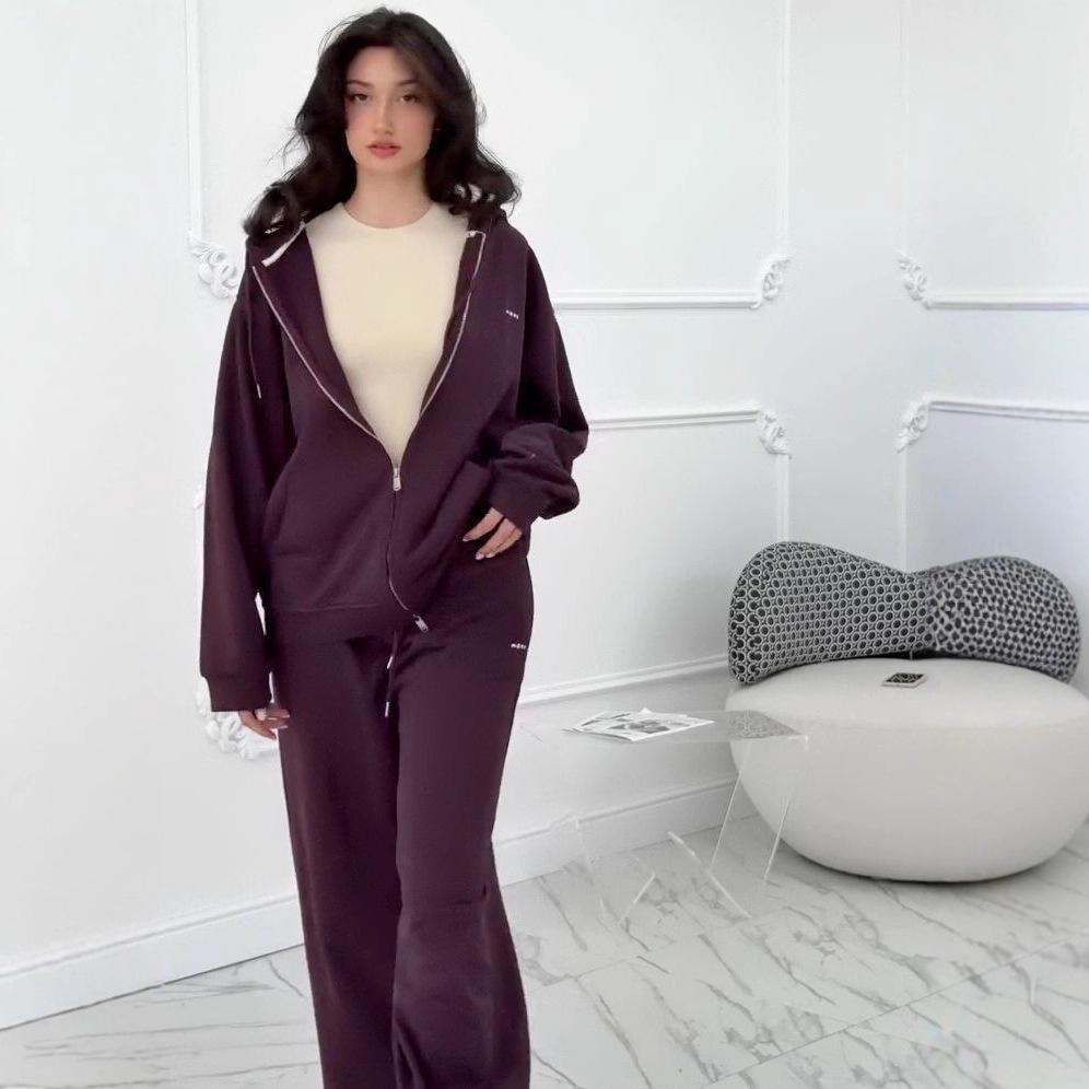 2025 Autumn Women's European & American Casual Two-Piece Set: Elastic Zipper Pants with Pockets & Hooded Top