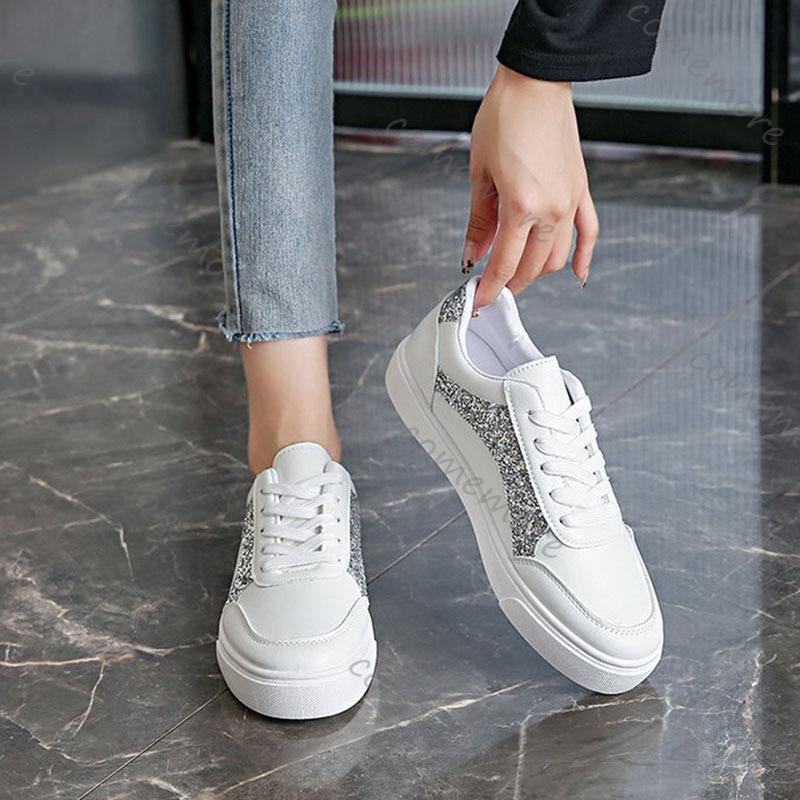 Fashion Comemore Spring Autumn Women Flat Sneakers Casual White Student Running Sports Shoes Sequins Color Blocking Lace Up Board Tenis