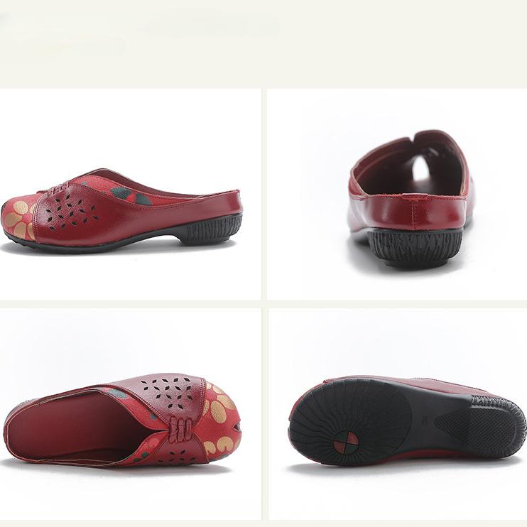 Johnature Ethnic Style Printed Genuine Leather Outdoor Slides Women Versatile Handmade Low Heeled Slippers