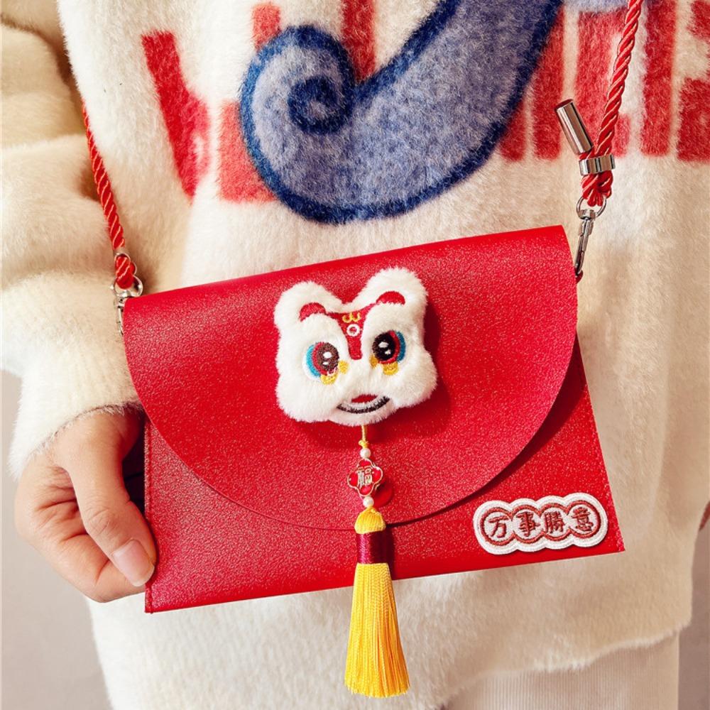 Cross Body PU Leather Red Envelope Tassel Lion Dance New Year Money Envelope  Celebration Party