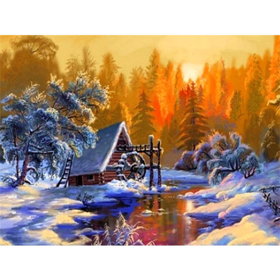 5D DIY Diamond Painting Landscape Winter House Full Round Rhinestone Embroidery Cross Stitch Kit Mosaic Picture Decoration Gift