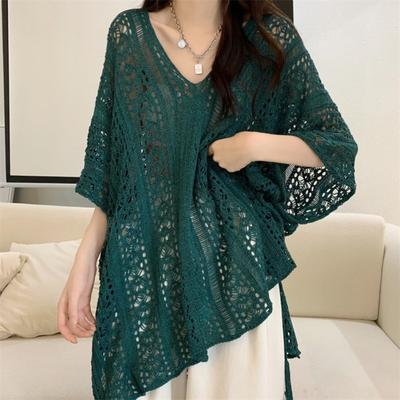 Vestido Cobertura Decote V Manga Curta Vazado Respirável Caimento Solto Tops de Verão