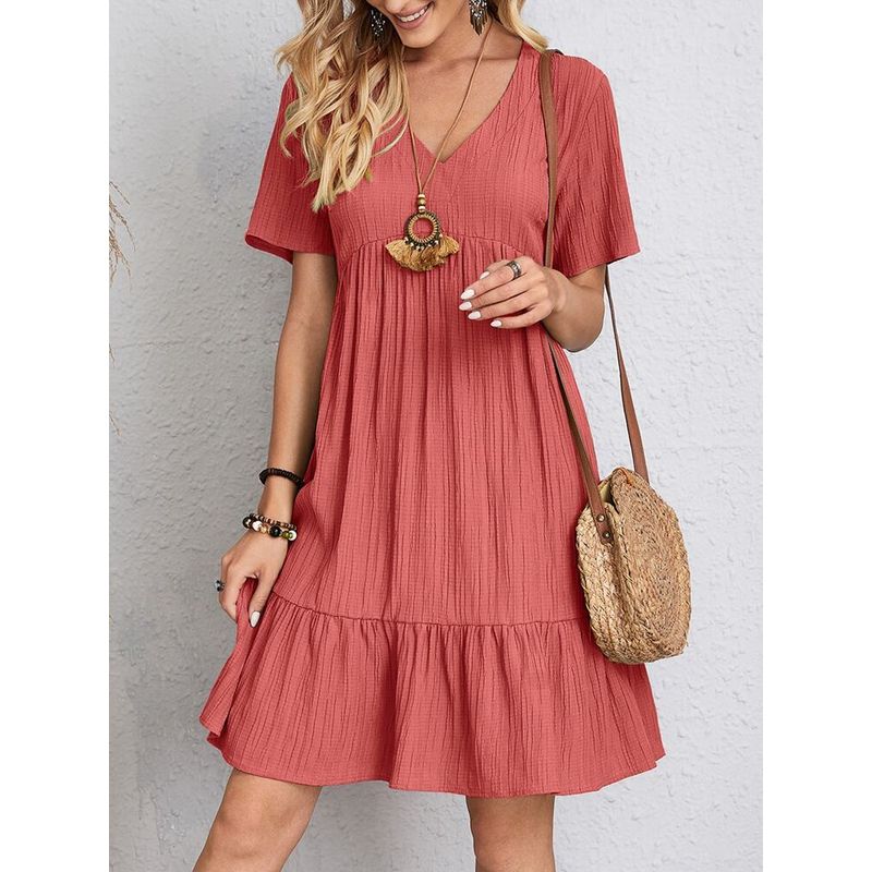

2023 Loose Fitting Casual Short Sleeved Waist Flowing Dress Brown L