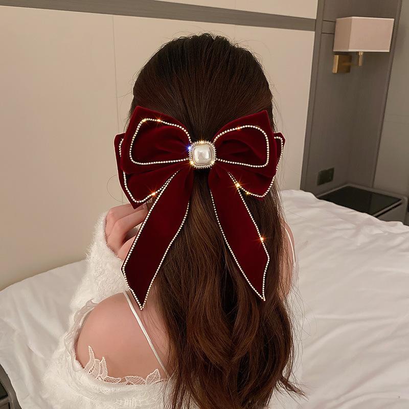 Korean Velvet Bow Hair Pins Fabric Rhinestone Pearl Hair Clips for Women Luxulry Jewelry Spring Clip Gils Hair Accessories