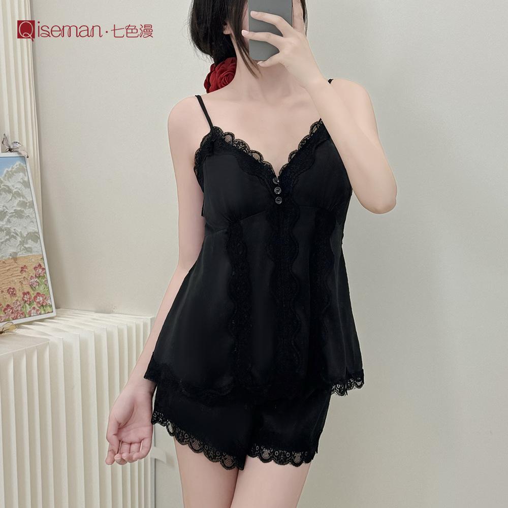 French Style Light Luxury Spaghetti Strap Shorts Set for Women, Summer with Chest Pad, Home Lace Loungewear, Thin Ice Silk Women's Pajamas
