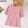 VONDA Summer Women Square V Neck Puff Short Sleeve Soild Color Casual Blouses