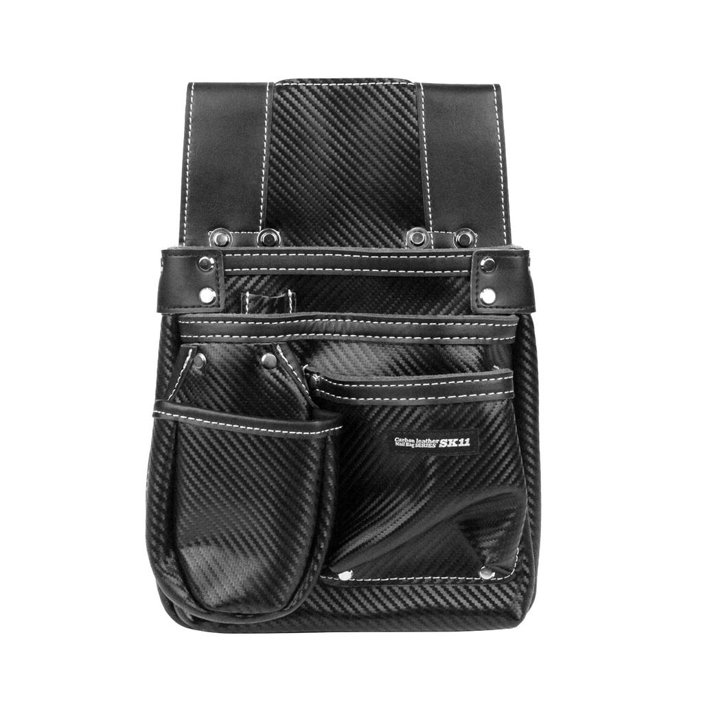 SK11 Carbon Leather Nail Pouch, Black, Genuine Cowhide Leather, Belt Loop with Slit, Ink Pot Pocket (SK-CLK-SP)