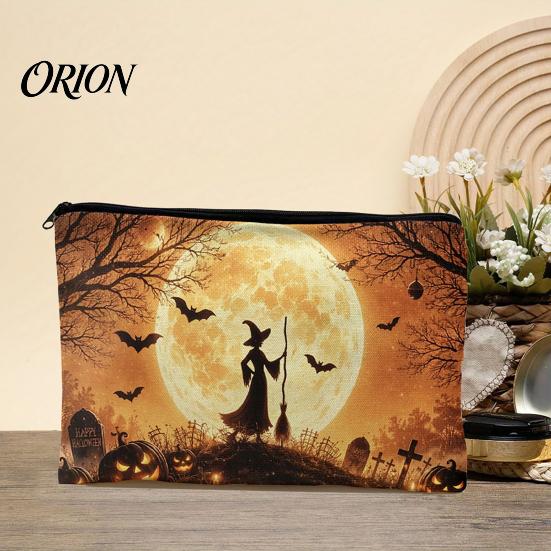 Heavy-duty Canvas Pouch Storage Bag, with Smooth Zipper, Thickened Polyester Large Capacity Thick Bag Cosmetic Halloween Witch Pumpkin Pattern Printed