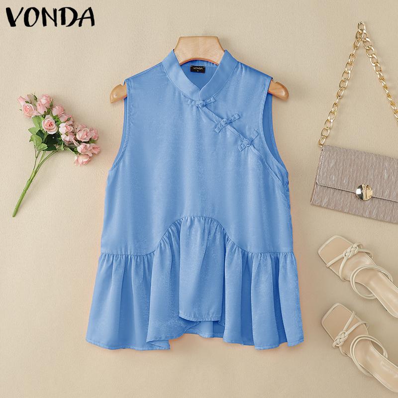 VONDA Women Chinese Style Sleeveless Irregular Ruffled Glitter Casual Tank Tops