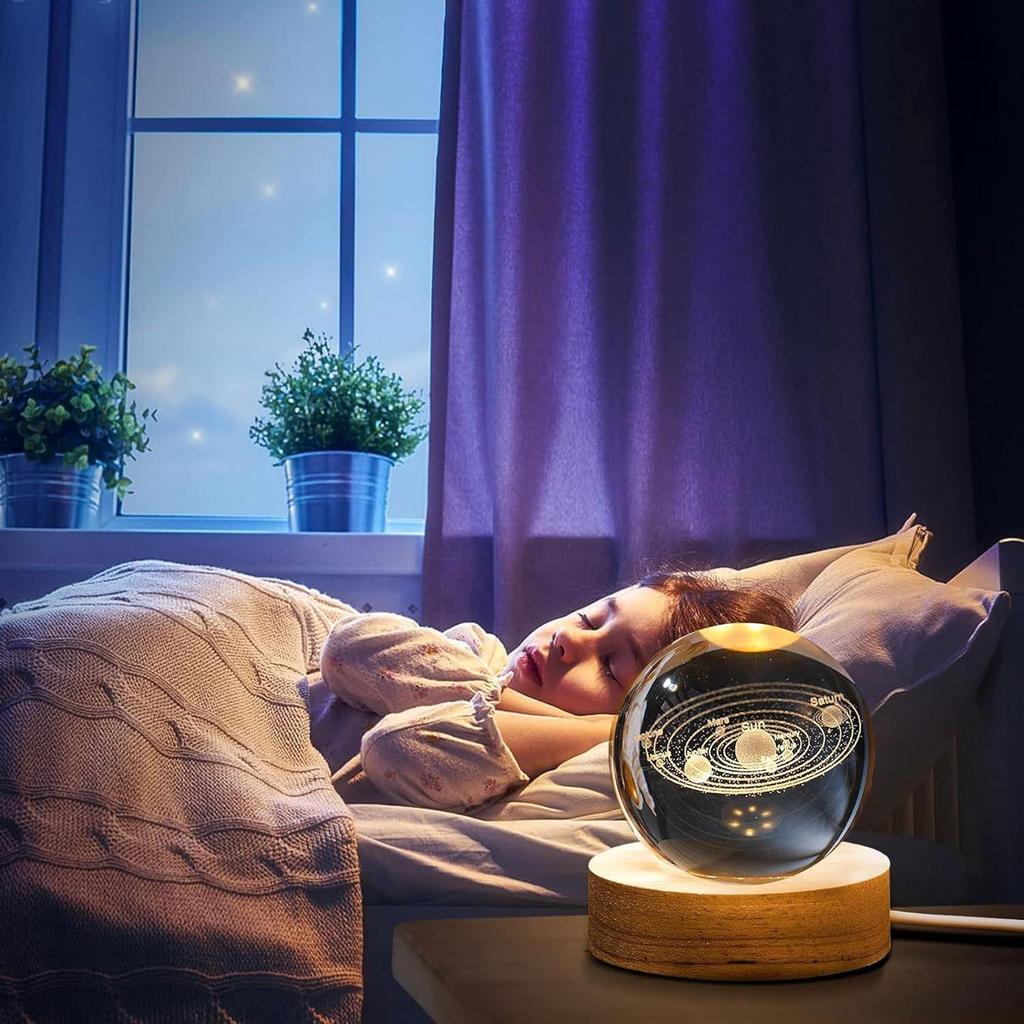 Galaxy Crystal Ball LED Night Lamp, Creative Engraved Night Light Wooden Base, Warm White Decorative Table Lamp for Home, Office, Bedroom