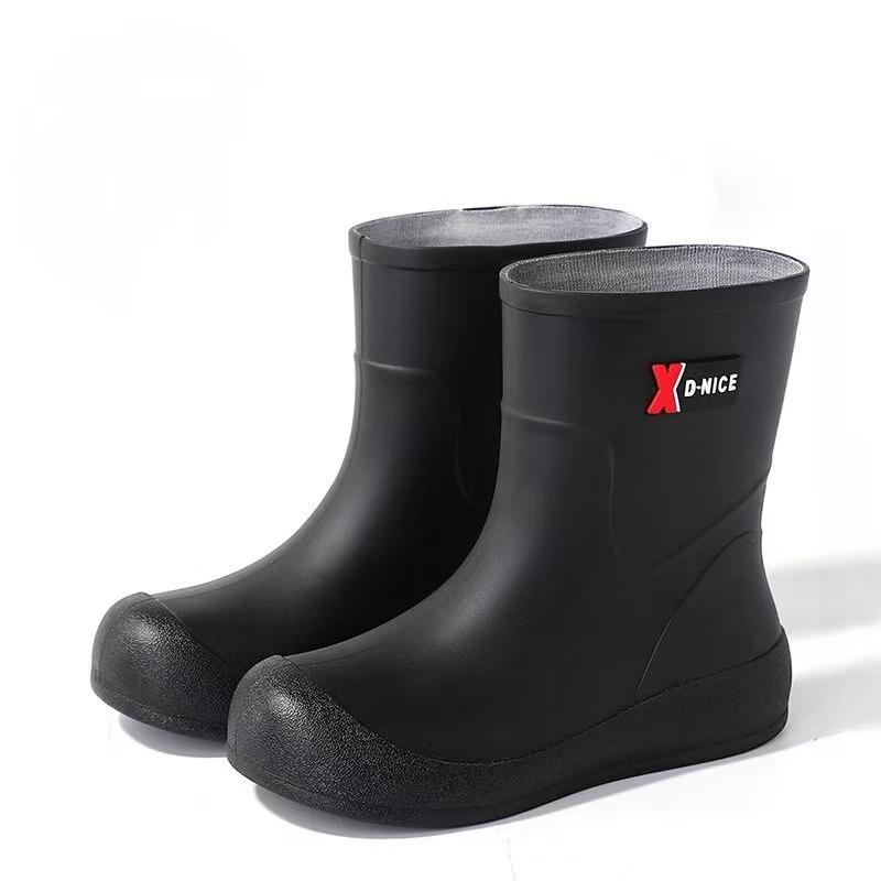 Woman Flat Sole High Top Rain Boots Thick Sole Non slip Round Toe Waterproof Detachable Cotton Cover Keep Warm Work Shoes