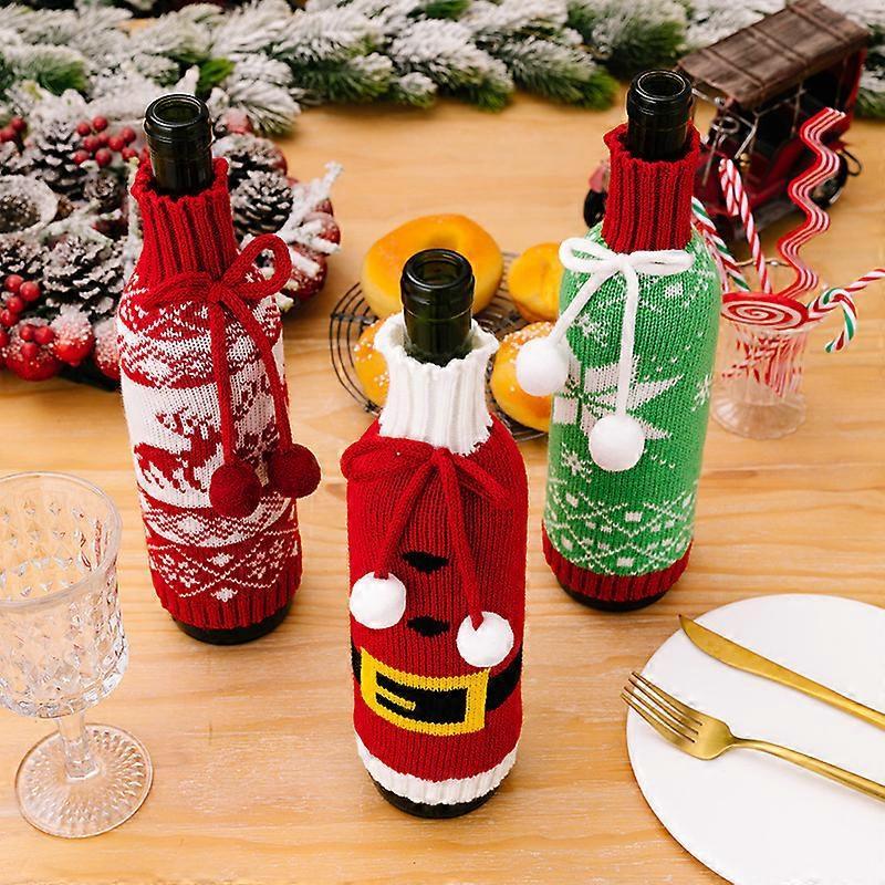 New Christmas decoration supplies knitted wine bottle cover woolen champagne wine cover Christmas snowflake wine cover 3PCS