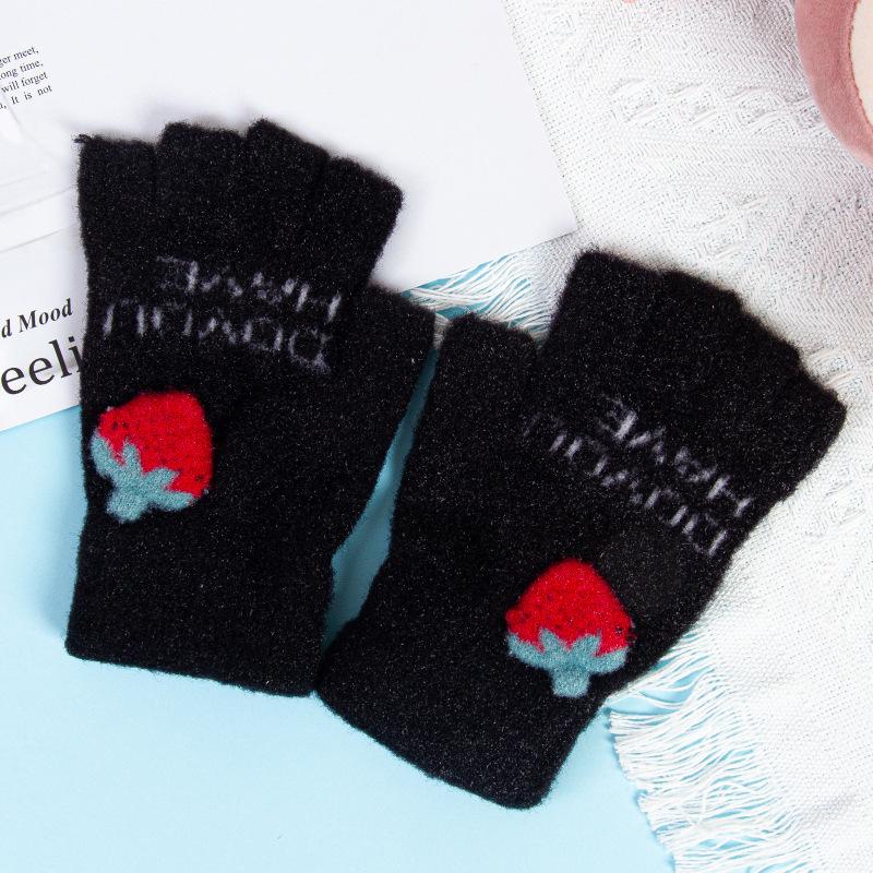 New half-finger gloves women's winter strawberry fleece thickened fashion open finger cold warm knitted plush gloves