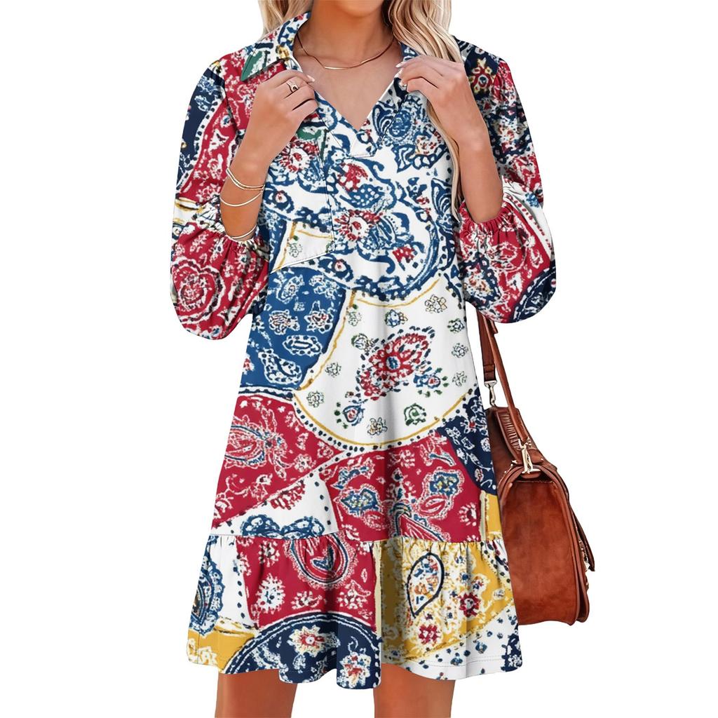 Damenmode Elegant Herbst Und Winter Langarm V-Ausschnitt Weihnachtsprint Kleid