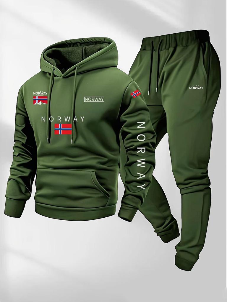 Erkek Sınır Ötesi Moda Spor Takımı - İlkbahar/Sonbahar Baskılı Bol Kapüşonlu Sweatshirt & Pantolon