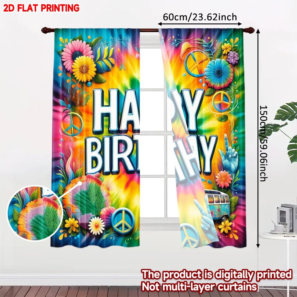 2D Flat Printing 2pcs Curtains Birthday Tie-Dye Celebration Digital Printed Polyester Drapes Family Party Decoration Perfect for