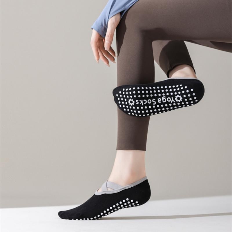 1 Pair Women Nonslip Grip and Straps Bandage Cotton Yoga Socks Low Cut Socks for Pilates Barre Ballet Barefoot Workout