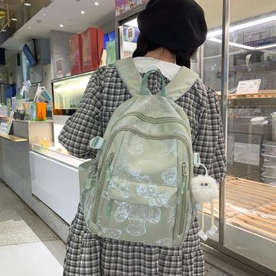 School Bag for Female Junior High School Students, Simple and Versatile Printed Bear Backpack, Niche Design, Light Backpack for High School Students