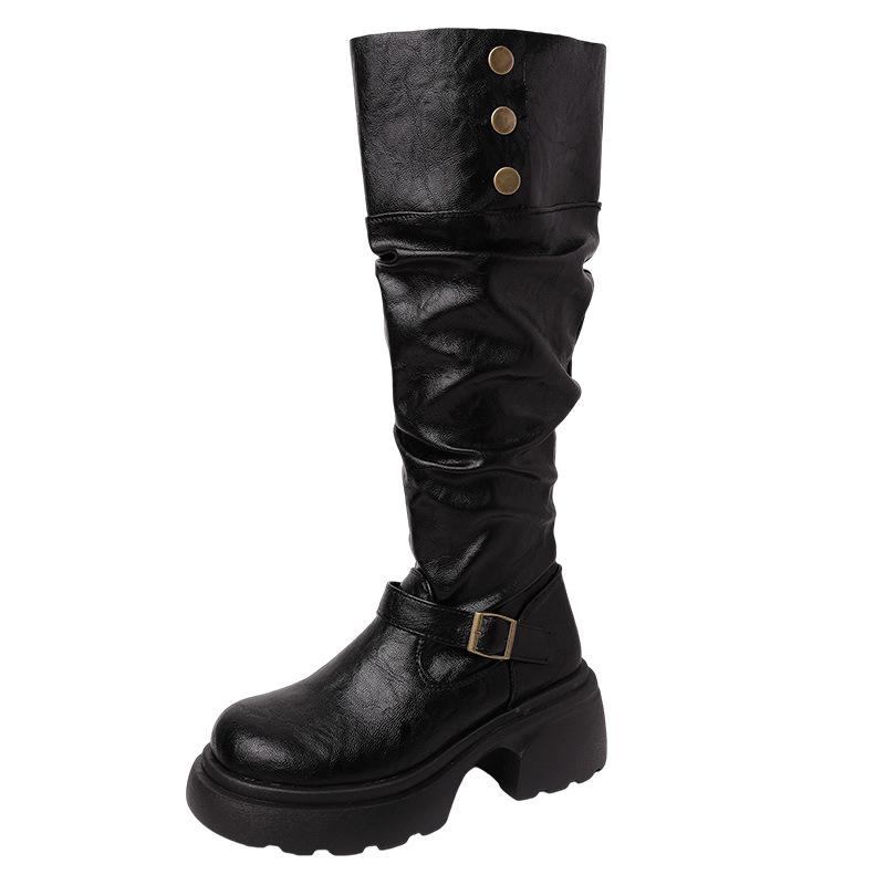 Fashion retro style thick heel leather boots belt buckle platform boots women's autumn and winter fashion high heel knight boots trend