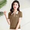Fashionable Polo Collar Middle-aged Elderly Women's Loose Knitwear Thin Casual Short-sleeved T-shirt