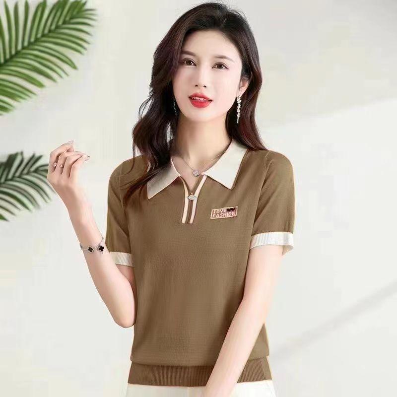 Fashionable Polo Collar Middle-aged Elderly Women's Loose Knitwear Thin Casual Short-sleeved T-shirt