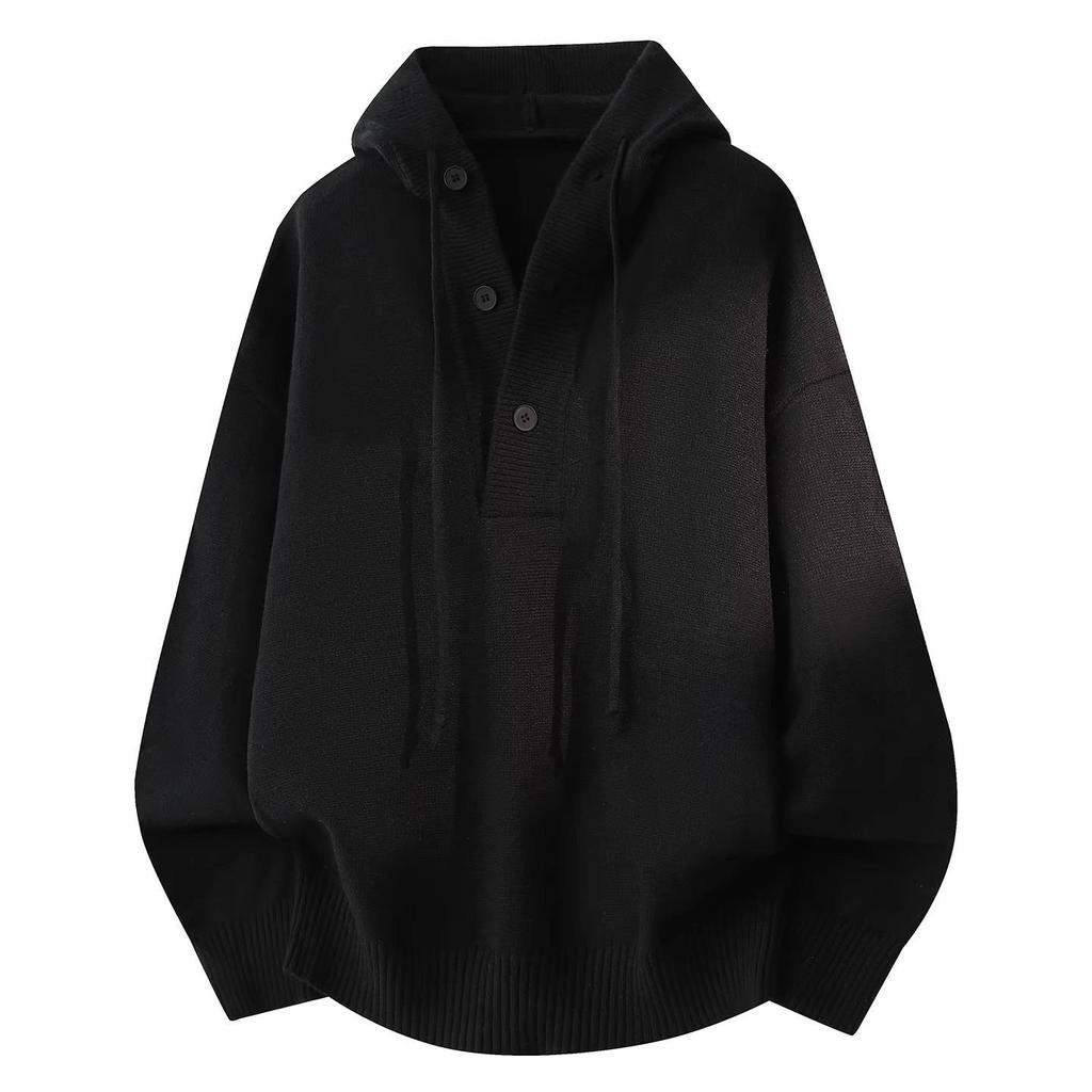 Men's Heavyweight Solid Color Knit Hooded Sweater - Loose Fit Casual Pullover for Autumn/Winter