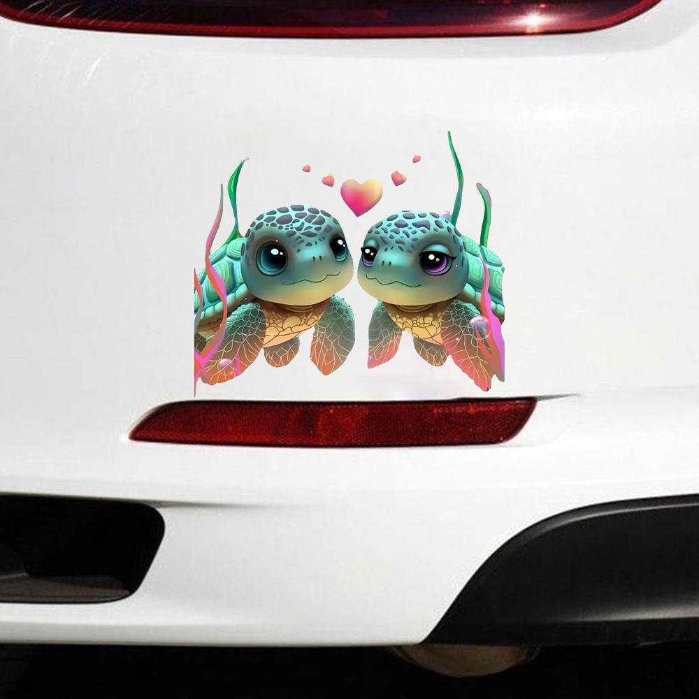 QT2407#15cm Tartarughe Marine Carine Turchese & Rosa Cuore Impermeabile Decalcomania Decorativa per Auto, Adatta per Auto, Laptop, Paraurti, Adesivo per Finestrino