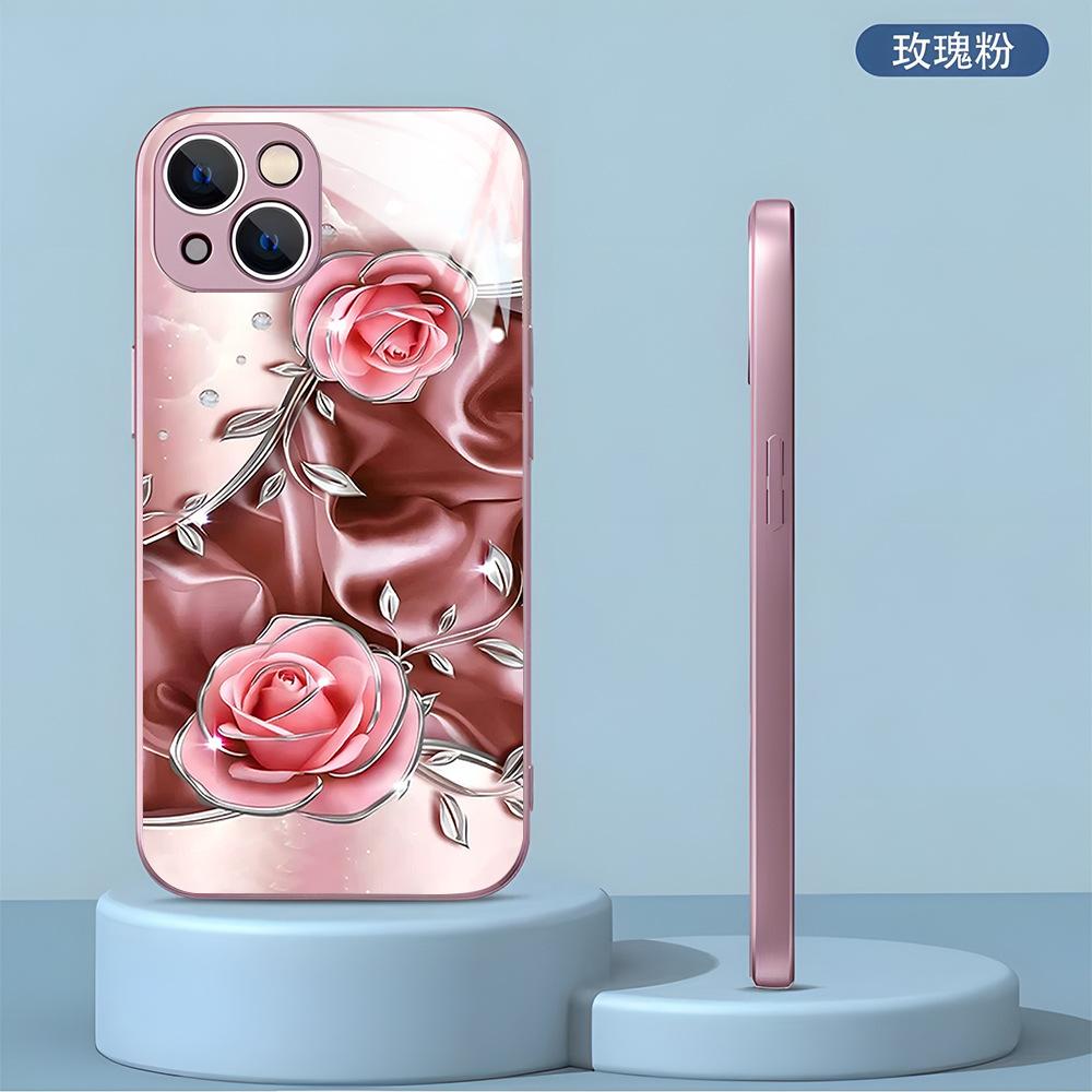 Three-dimensional Pink Rose Tempered Glass Case Apple 15promax Mobile Phone Case iPhone17 Case