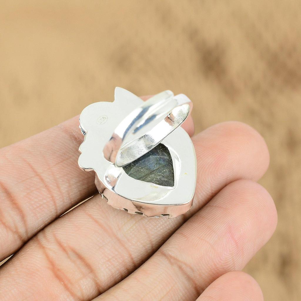 Mothers Day Sale Natural Labradorite Multi Stone Promise Flower Ring 925 Silver