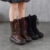Johnature Genuine Leather Round Toe Thick Soled Mid-calf Boots Retro Lace Up Side Zipper Versatile Women's Boots