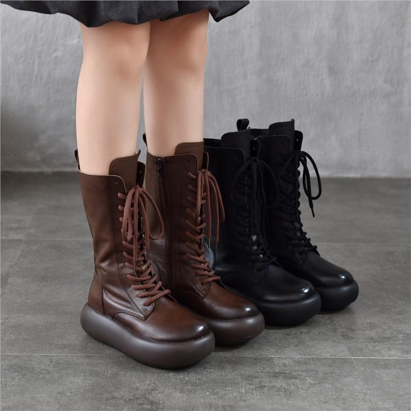 Johnature Genuine Leather Round Toe Thick Soled Mid-calf Boots Retro Lace Up Side Zipper Versatile Women's Boots