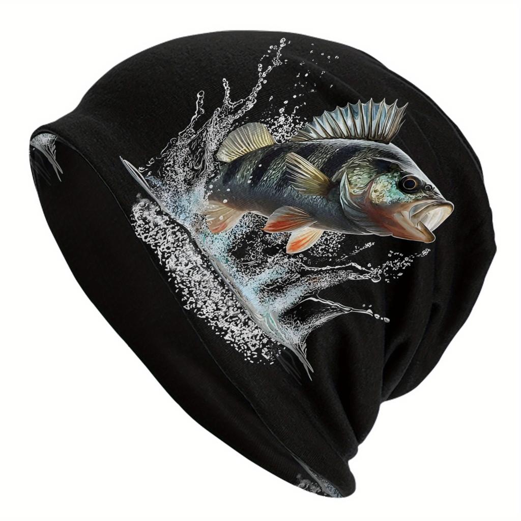 Perch Fish Mens Knit Skull Cap Black with Vibrant Leaping Fish Water Splash Design Stretchy Comfort Fit Durable Fashionab