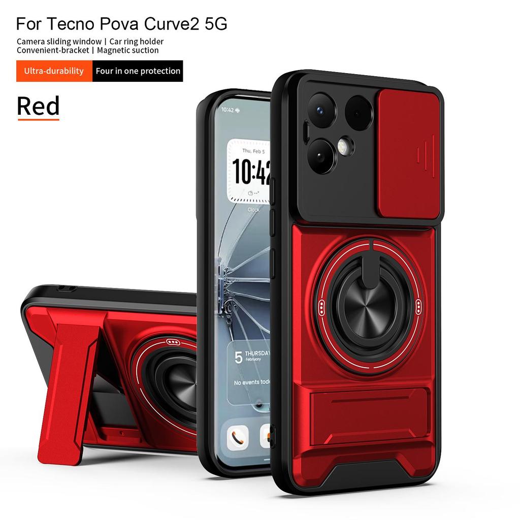 Slide Camera Cover Compatible for Tecno Pova Curve 2 Case With Built-in Ring Stand and Folding Stand