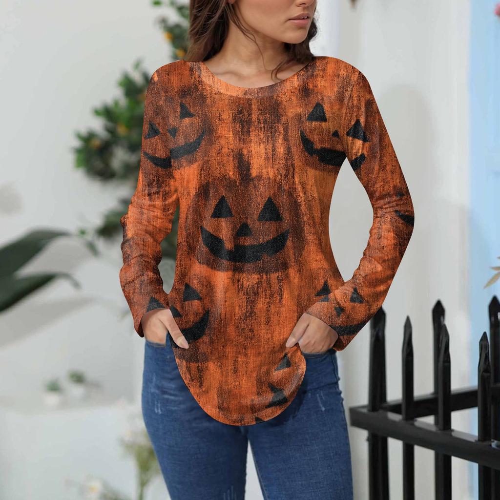 Women's Loose Fit Long Sleeve T-Shirt with Retro Halloween Print, Neck Pullover Top