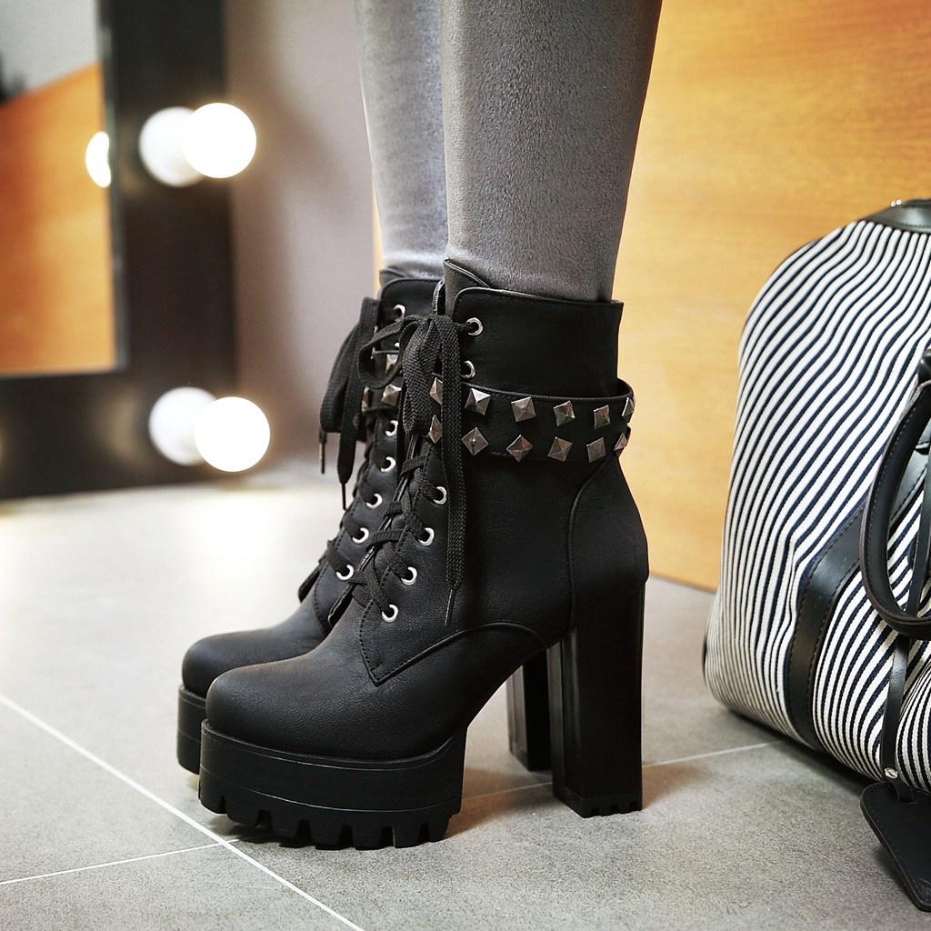 2026 Punk Dark Style Women's Chunky Heel Platform Boots with Rivets