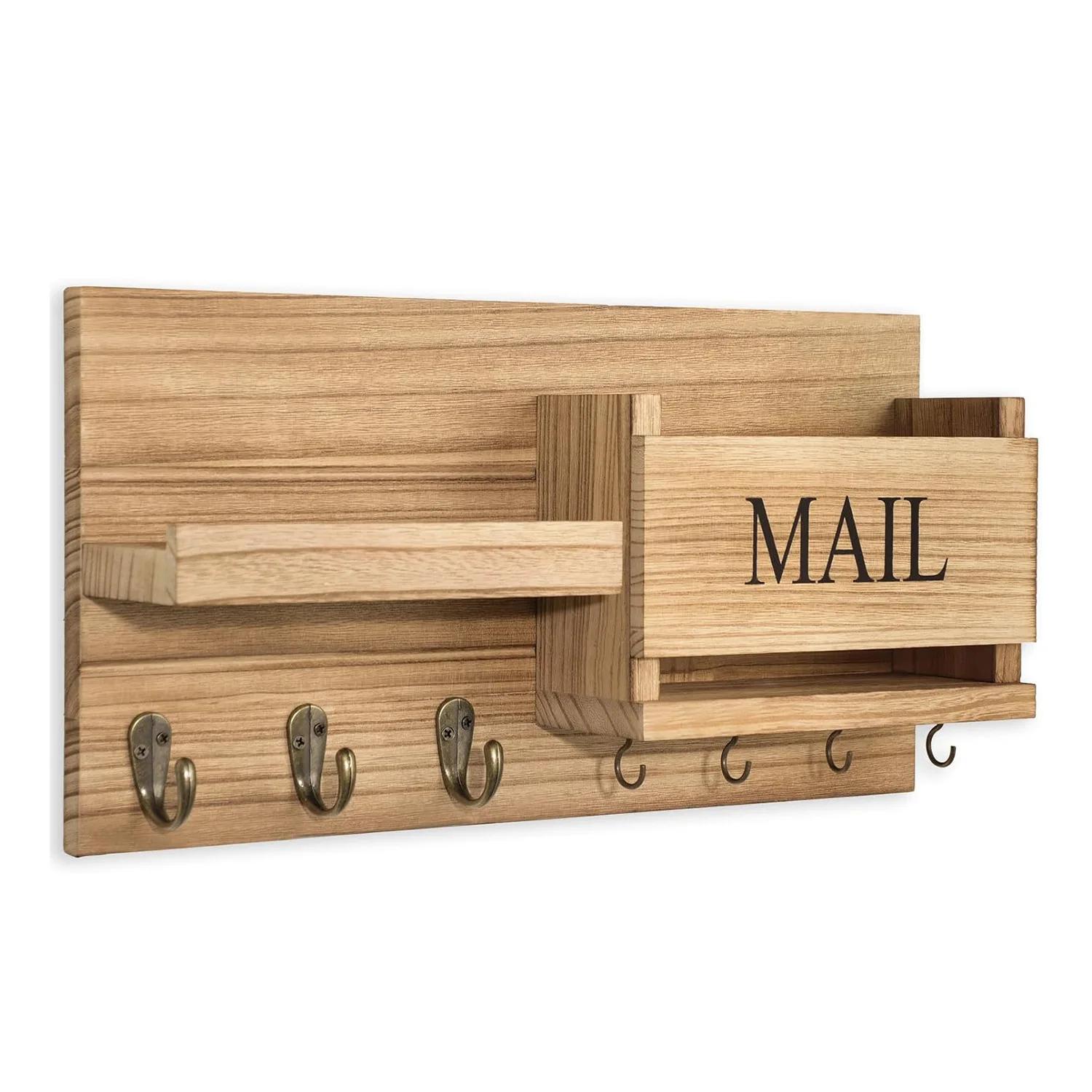 

New Wood Color Mail Organizer for Wall Mount –Key Holder with Shelf Includes Letter Holder and Hooks for Hallway Farmhouse Decor